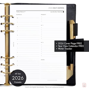 May include: Black A5 size 2026 daily agenda planner with gold accents. The planner includes a schedule, priority list, and notes section. The text "2026 Cover Page FREE + Year View Calendar FREE + Water Tracker" is visible. The planner is a printable digital download.
