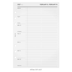 May include: A white A5 planner refill page measuring 5.8 by 8.3 inches, featuring a weekly layout for February 8 to February 14, 2027. The page includes six binder holes, daily headers from Monday to Sunday, and lined writing sections.