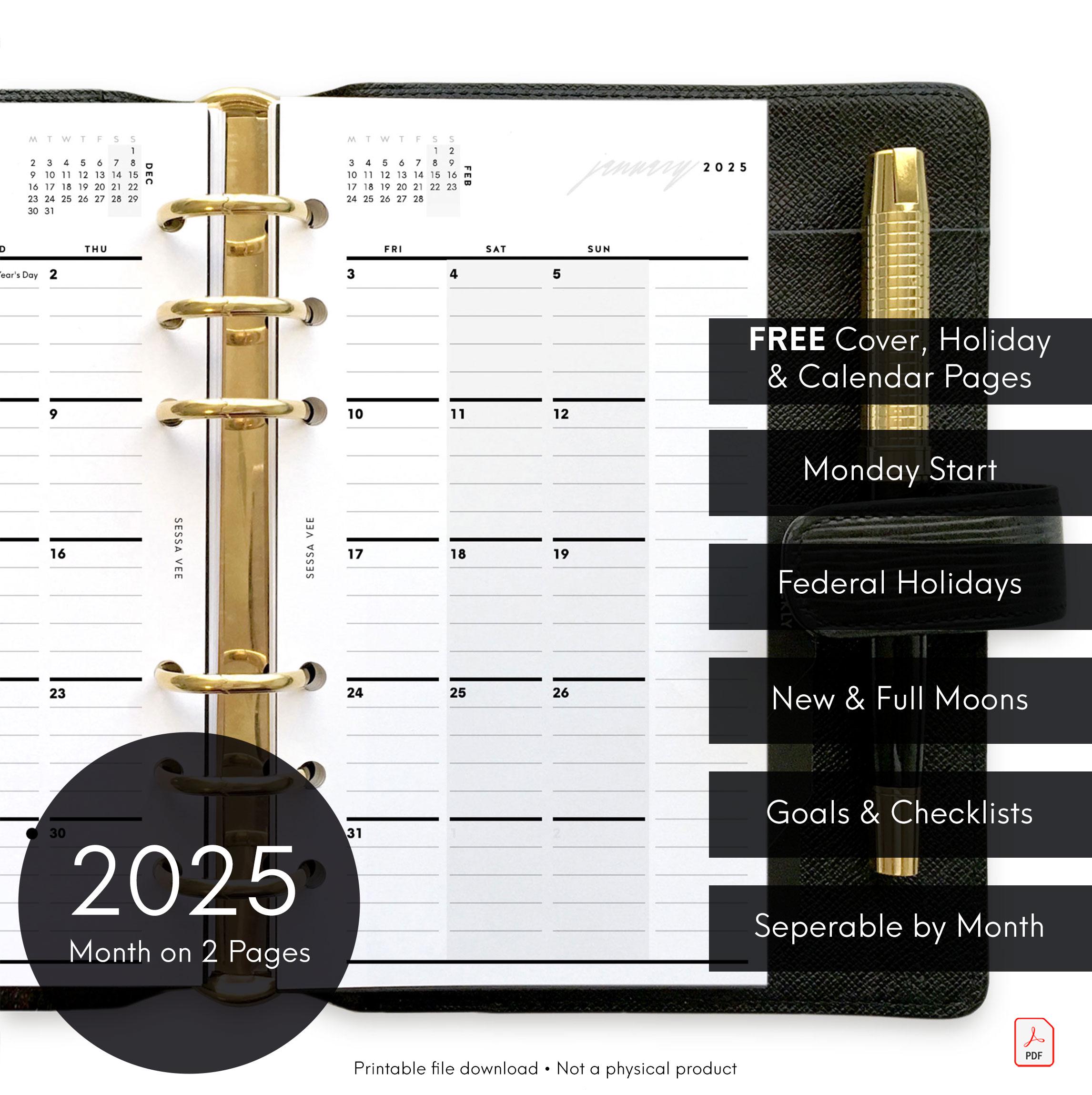 2025 Personal Size Monthly Calendar Mo2P, Dated Printable Planner Inserts, Monday Start, Minimal, Modern & Functional [PDF File]