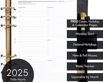 2025 A5 Daily Agenda, Day on 1 Page, Half Hour, Hourly, Dated Printable Planner Inserts, New & Full Moons, Federal Holidays [PDF File]