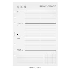 May include: A white A5 planner insert measuring 5.8 by 8.3 inches with six binder holes. The page features a weekly layout for February 1 to February 7, including a small monthly calendar, lined daily sections, and a grid box at the bottom.