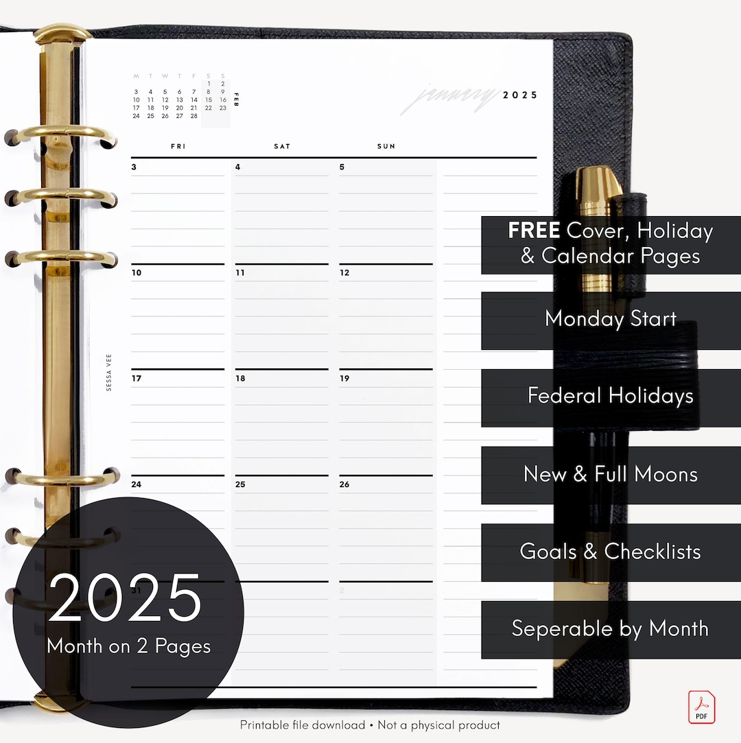 2025 A5 Monthly Calendar Mo2p, Dated Printable Planner Inserts, Monday ...
