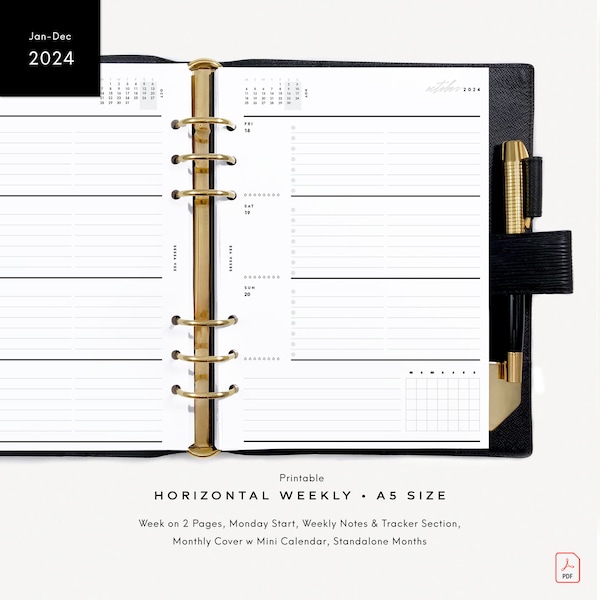 2024 A5 Dated Horizontal Weekly Wo2P, Printable Planner Inserts, Monday Start, Minimal Modern & Functional [PDF File]