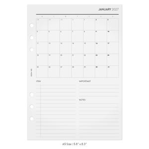 May include: A white A5 planner insert for January 2027 featuring a monthly calendar grid, a section for items, important tasks, and notes. The page has six binder holes on the left side and the text A5 Size | 5.8" x 8.3" at the bottom.