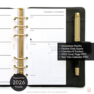 May include: A black personal size 2026 planner with gold accents, open to a weekly spread. A gold pen is secured in the planner's holder. Text includes "Standalone Months", "Checklists & Trackers", and "2026 Cover Page FREE".
