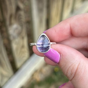 Rainbow Fluorite Sterling Silver Ring - Stack Ring - Rainbow Fluorite Gemstone Ring - Purple Ring - Hammered Band - Rainbow Fluorite - Green