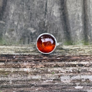 May include: A silver ring with a round, orange amber stone.