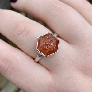 Sunstone Sterling Silver Ring - Statement Sunstone Ring - Hexagon Sunstone Ring - Sparkly Sunstone Ring - Orange Ring - Bright Orange Ring