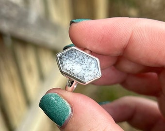 Anillo de ágata dendrítica - Anillo de ágata dendrítica - Anillo de ágata llamativo - Anillo de ágata dendrítica hexagonal - Anillo de ágata dendrítica en plata de ley