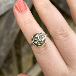 Moon Face Ring. Hand Casted Full Moon in Brass Gold Setting. 