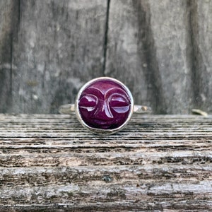 Ruby Moon Ring - Carved Moon Face Ring - Moon Ring - Red Ruby Ring - Red - Sterling Silver - Sleepy Moon Face Ring - Birthstone Ring - Moons