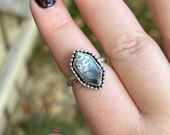 Anillo de ágata dendrítica - Anillo de ágata dendrítica - Anillo de ágata llamativo - Anillo de ágata dendrítica hexagonal - Anillo de ágata dendrítica en plata de ley