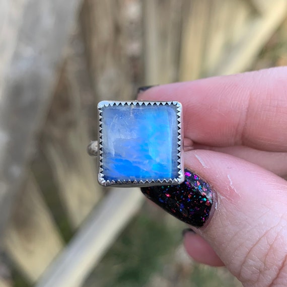 Rainbow Moonstone Square Ring - Rainbow Moonstone Sterling Silver 