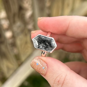 Black Rutilated Quartz Ring - Black Rutile Quartz Ring - Statement Quartz Ring - Hexagon Black Rutile Quartz Ring - Sterling Silver Ring