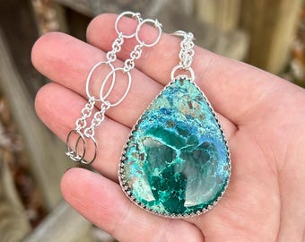 Azurite Malachite Statement Necklace - Azurite Malachite Pendant - Sterling Silver Azurite Malachite Necklace - Statement Azurite Necklace