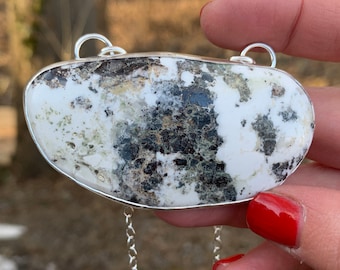 White Buffalo Turquoise Pendant - Turquoise Pendant - Sterling Silver Pendant - Black and White Pendant - Statement Turquoise Pendant -Black