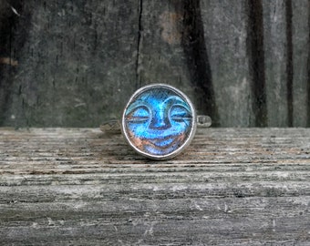 Labradorit Ring - Geschnitzter Mond Gesicht Ring - Mond Ring - Labradorit Ring - Blau - Sterling Silber - Schläfriges Mond Gesicht Ring - Labradorit