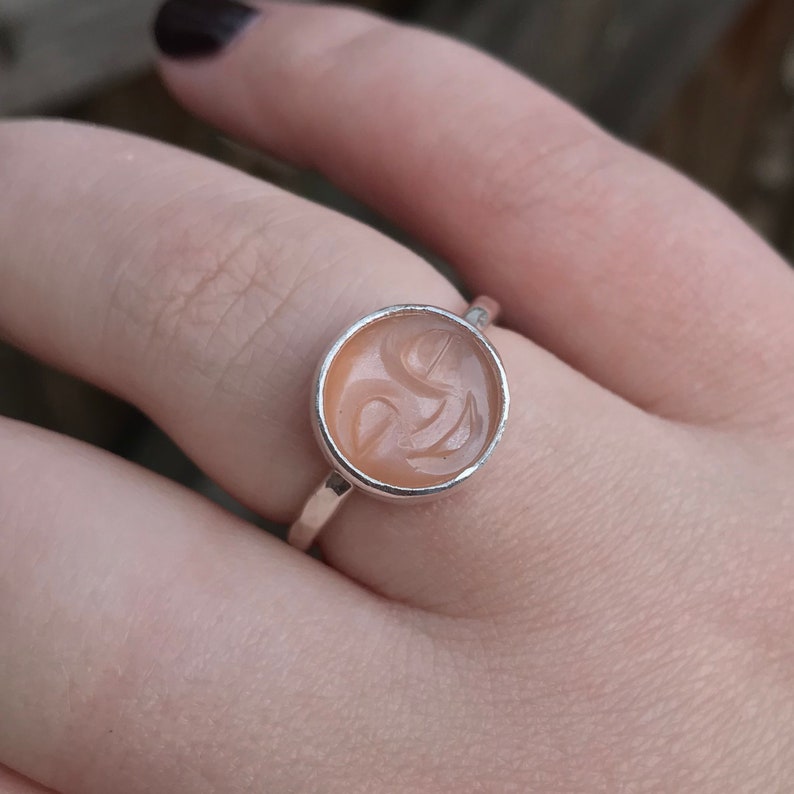 Peach Moonstone Moon Ring Carved Moon Face Ring Moon Ring Peach Moonstone Ring Sterling Silver Sleepy Moon Face Ring Moonstones image 2