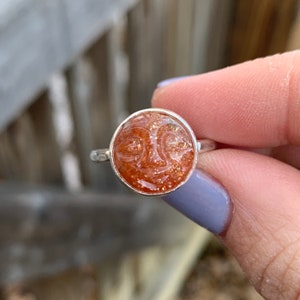 Sunstone Sleepy Moon Face Ring - Sunstone Moon Ring - Sterling Silver - Sunstone Gemstone Ring - Orange Sunstone Ring - Sparkly Sunstone