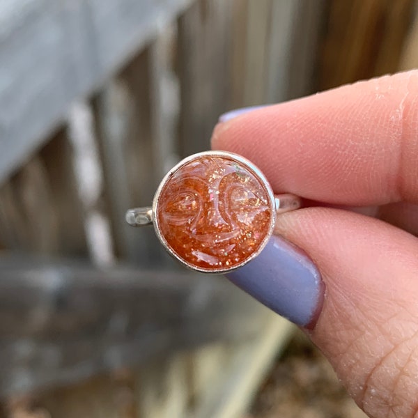 Sunstone Sleepy Moon Face Ring - Sunstone Moon Ring - Sterling Silver - Sunstone Gemstone Ring - Orange Sunstone Ring - Sparkly Sunstone