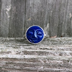 Lapis Lazuli Moon Ring - Carved Moon Face Ring - Moon Ring - Lapis Lazuli Ring - Sterling Silver - Sleepy Moon Face Ring - Lapis Moon Ring