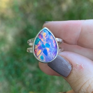 Glass Opal Ring - Fire Opal Ring - Vintage Glass Fire Opal - Vintage Ring - Sterling Silver - October Birthstone - Opal Alternative - Pink