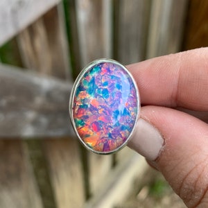 Glass Opal Ring - Fire Opal Ring - Vintage Glass Fire Opal - Vintage Ring - Sterling Silver - October Birthstone - Opal Alternative - Pink