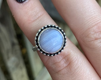 Blue Lace Agate Sterling Silver Ring - Round Blue Lace Agate Ring - Blue Lace Agate Ring - Sterling Silver Statement Ring - Light Blue Ring