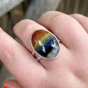 Chakra Gemstone Ring - Pride Gemstone Ring - Sterling Silver Rainbow Ring - Red Jasper - Orange Aventurine - Yellow Aventurine - Lapis