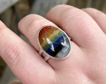 Chakra Gemstone Ring - Pride Gemstone Ring - Sterling Silver Rainbow Ring - Red Jasper - Orange Aventurine - Yellow Aventurine - Lapis