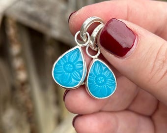 Glass Carved Ear Huggie Earrings - Sterling Silver Teardrop Dangle Earrings - Glass Dangle Earrings - Blue Glass Carved Flower Ear Huggies