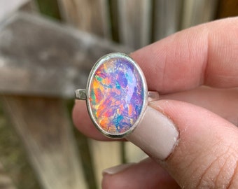 Glas Opal Ring - Feuer Opal Ring - Vintage Glas Feuer Opal - Vintage Ring - Sterling Silber - Oktober Geburtsstein - Opal Alternative - Pink