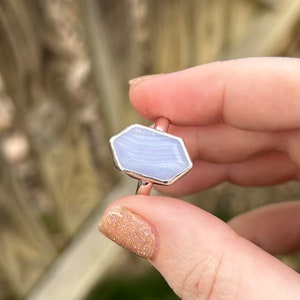 Anel de ágata com renda azul - Anel de ágata com renda - Anel de ágata com declaração - Hexágono Anel de ágata com renda azul - Prata de lei Anel de ágata com renda azul - Azul