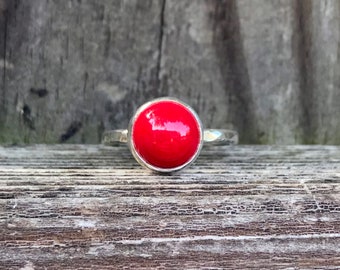 Red Coral Stacking Ring - Red Coral Ring - Coral Stack Ring - Sterling Silver Coral Ring - Bright Red Ring - Coral Jewelry - Bold Red Ring