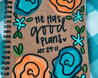 Hand-Painted Scripture Journal • Jeremiah 29:11 Teal and Orange Floral