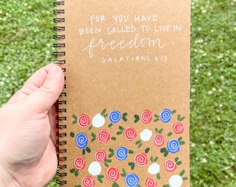 Hand-Painted Scripture Journal • Galatians 5:13 Red White Blue Floral