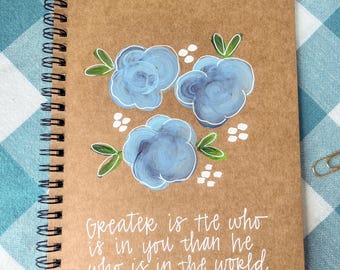 Hand-Painted Scripture Journal • 1 John 4:4 Blue Floral