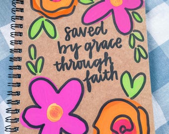 Hand-Painted Scripture Journal • Saved by Grace Pink and Orange Floral