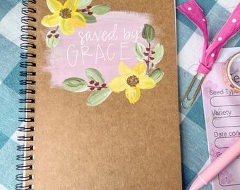 Hand-Painted Scripture Journal • Saved by Grace Yellow Floral