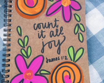 Hand-Painted Scripture Journal • Count it all joy Pink and Orange Floral