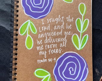 Hand-Painted Scripture Journal • Psalm 34:4 Purple Floral I sought the Lord