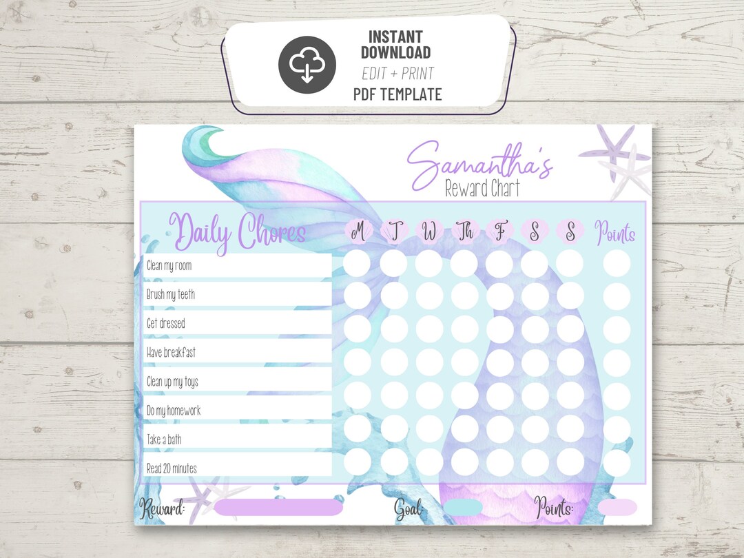 EDITABLE Mermaid Reward Chart Mermaids Printable Kids Chore - Etsy