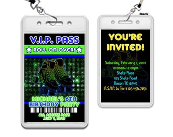 Boy Roller Skate Birthday Invites - Skating Invitations - Teen Skate Rink Lanyard Invitations Party Favors - VIP Pass - Green Blue Black