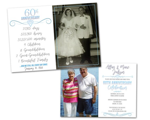 60th Diamond Anniversary Invitation - Then and Now Photo 60th Wedding Anniversary Invitations - 60th Anniversary Vow Renewal Blue Milestone Il_570xn