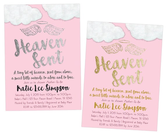 Pink Heaven Sent Baby Shower Invitations Pink Angel Wings Etsy