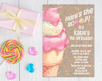 Printable Ice Cream Invitation - Girls Ice-Cream Social Party Invites - Kraft Pink Scoop Sprinkles Invites -Any Age DIY Ice Cream Parlor