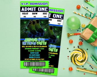 Neon Green Roller Skate Invitation - Boys 80s Roller Skating Party Invitations - VIP Ticket Invitation - Teen Birthday Invites Admission