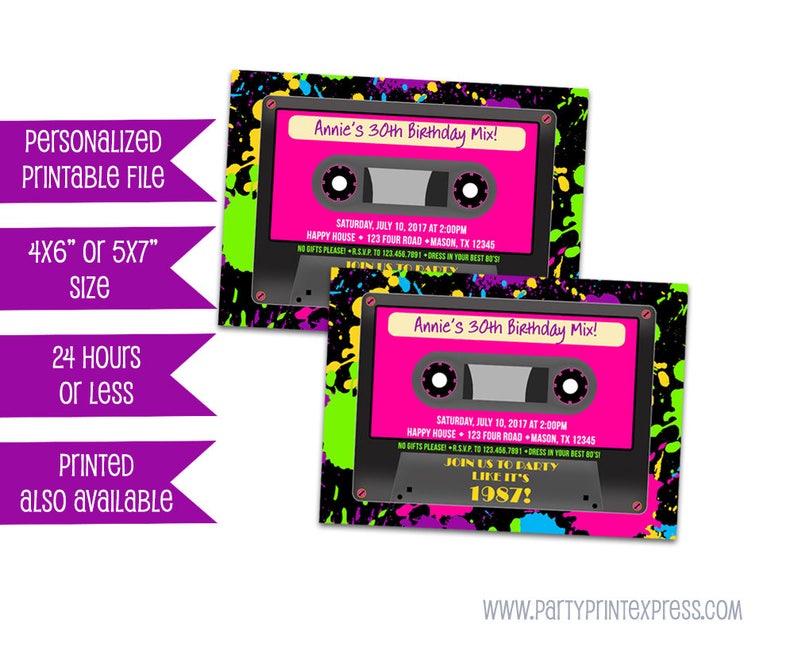 Printable Cassette Tape Invitations Neon 80s Birthday Etsy