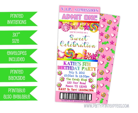 Candy Birthday Invitation Candy Ticket Invitations Pink Candy