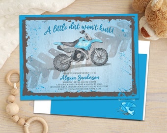 Dirt Bike Baby Shower Invitations - Vintage Motorcycle Sign Party Invites -  Blue Motorbike Shower Invites - Country Boy Dirt don't Hurt